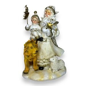 VTG Father Christmas Figurine Baby Lion Sheep Lamb Cream Gold Santa St. Nick 10"
